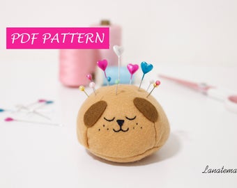 PDF sewing pattern pincushion dog, hand embroidery felt pin cushion tutorial, digital file, seamstress, easy plush dog pattern, diy crafts