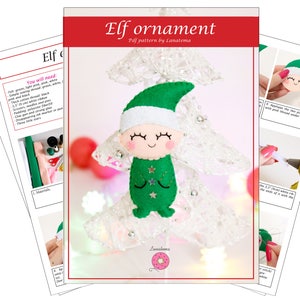 May include: A felt elf ornament pattern with instructions. The elf is wearing a green hat, green shirt with stars, and white pants. The pattern is by Lanatema.