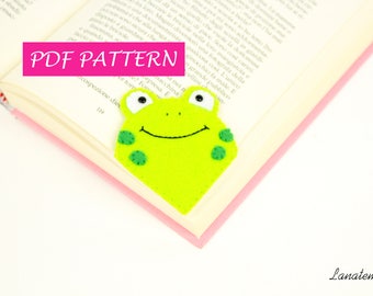 Bookmark pattern pdf bookmark, frog felt DIY easy sewing, craft, beginner, digital download printable, corner bookmark kids tutorial animal