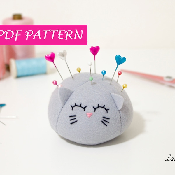 Felt pattern pincushion hand embroidery tutorial, digital file, seamstress, sew guide cat pin cushion easy tutorial cat plush sewing pattern