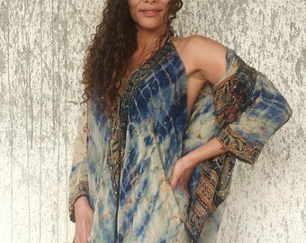 Tie Dye Mono Set Seda Upcycled Seda Saree Sin esfuerzo con chaqueta, Romper de boda en la playa, Harem Drop Crotch Uno de un tipo se adapta a las mujeres 38-44