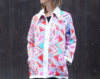 Extravagant Colorful Unique Loose Warm Zipper Coat w/ Pockets, Short Lined Cotton Upholstery Multicolor Jacket, Oversize SIZE L Ethno Print