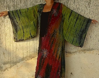 Duster Tie Dye Maxi Silk Boho Hippie Chic, One Of a Kind Long Sequinned Wedding Kimono, Open Front Comfy Unique Beaded Robe, Fits EU 36-46