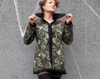 Grüner kurzer übergroßer dicker Baumwollmantel mit Taschen, Herbst-Winter-Reißverschluss-Tapisseriejacke Frauen, Innen gefüttert Ethno-Print-Oberbekleidung