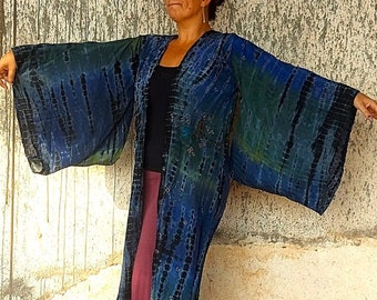 Maxi Duster Tie Dye Seide Boho Hippie Chic, einzigartiger langer Hochzeits-Kimono mit Pailletten, vorne offener, bequemer, einzigartiger Perlenmantel, passend für EU 36-46