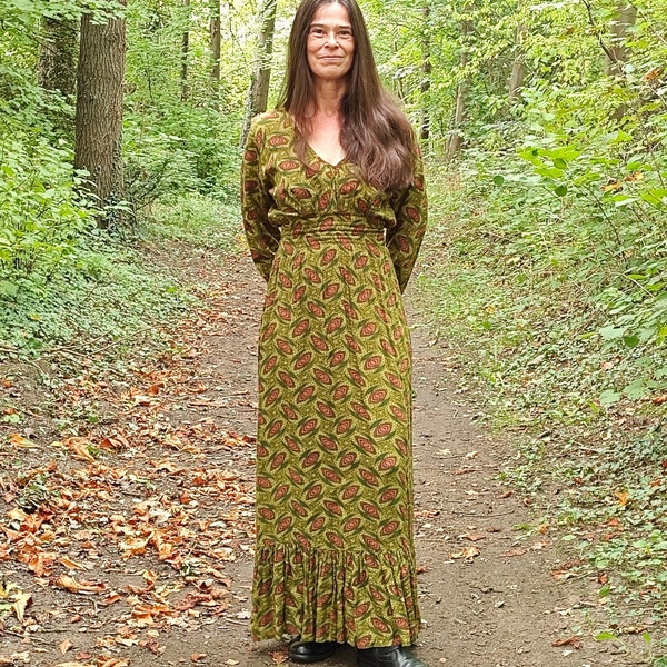 Robe à manches longues en coton modeste Boho, longueur au sol OLIVE GREEN Fairy Loose MAxi Women Tunic, Empire Size Romantic Boho Chic taille XL