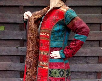 Veste chaude matelassée réversible en coton et laine, manteau matelassé avec couverture en laine à fermeture éclair, manteau boho folk ajusté tapisserie matelassée L/XL