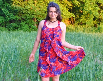Short Dress Red Bohemian Summer Holiday, Knee Length w/ Ruffles Comfy, Swimwear Cover Up, Goddess Flower Print Cute w/ Frills size XS, S & M