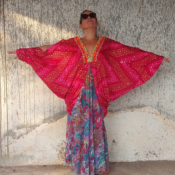 Exuberant Goddess Flowy Maxi Summer Silk Dress, Fairy Beach Boho Chic Wedding, Loose Fit One Size MORGANA Gown, Long Gorgeous Extravagant