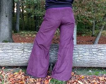 Purple Corduroy Flare Pants, Boho Wide Leg Palazzo, Cargo Pocket Trousers