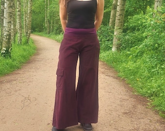 Corduroy Bohemian Palazzo and Cuff Cord Pocket Pants Woman, Wide Leg Hippie Flare Comfortable Long PURPLE Comfy Trousers w/ Wide Waistband