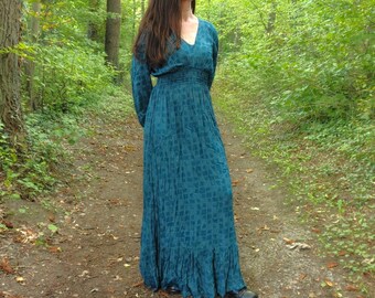 Flowy Comfy Full Length Long Sleeve PETROL Dress, Cotton size M/L Bohemian TEAL Cool Maxi Gown, New Boho Hippie Chic Flounce Hem Long Tunic