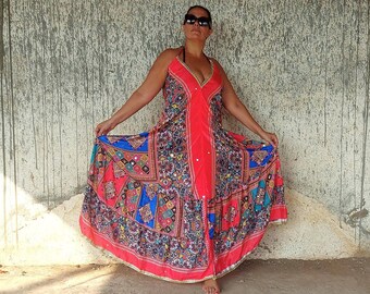 MAxi Kleid Gypsy Göttin Boho Chic seidig, locker rückenfrei Strand Hochzeit fließendes langes Kleid, verschönert Spaß Sexy Neckholder EU 38-46 Loungewear