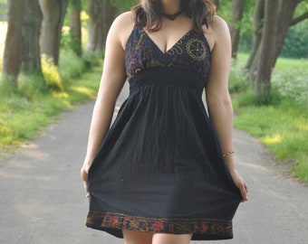 Short Dress Black 100% Cotton Hand Embroidery, Romantic Beach Cover Up Summer Adjustable Strap, Holiday Vacation Cute Sexy Fun fit EU 36- 46