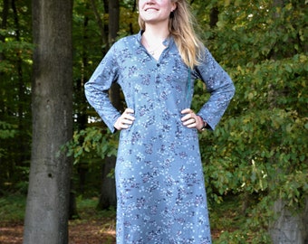 Maxi Blue Dress for Women Long Sleeves, Floral Hippie Bohemian Dress, Boho Cotton Viscose Shirt Dress, Alternative Fairycore Indie Clothing