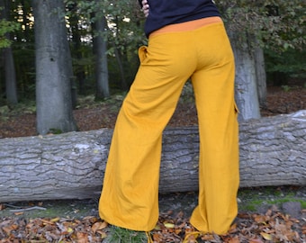 Pants Wide Leg Yellow Mustard Long Loose Corduroy, Bohemian Cord Drawstrings Palazzo Hippie Slacks, Cargo Boho Trousers  XS, S/M, M/L, L/XL