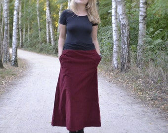 Red Corduroy Boho Long Pencil Skirt with Pockets sizes xs, s, m, xl, xxl Loungewear Skirt, Casual Modest Alternative Clothing, Cord Skirt