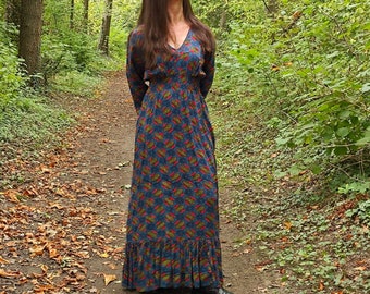 Romantic Bohemian Cotton Basic Puffy Long Dress, Full Length BLUE Women Tunic, Empire Waist Spring Boho Chic w/ Flounce Hem size 38-42 DE