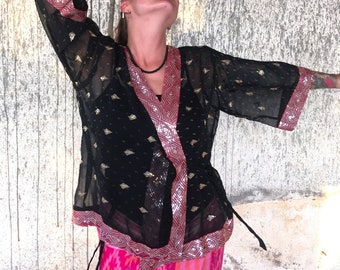 Wrap Top Spring Summer Stylish Silk Embellished Kimono, Bohemian Chic Embroidered Sheer Robe, One of a Kind Elegant Unique Beach Wedding