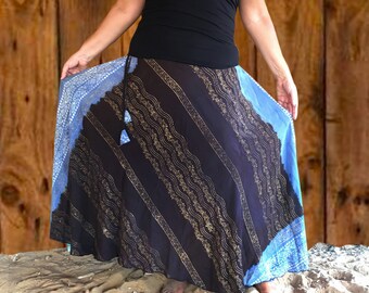 MAxi Skirt Circle Full Length Summer Gold Block Print Side Zipper Adjustable Side Waist String, Casual Elegant Simple Chic Beach Wedding