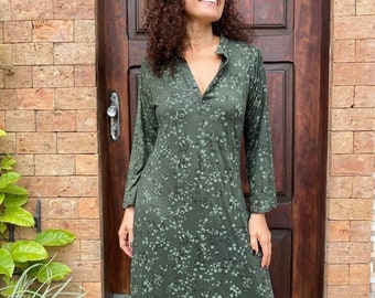 Bohemian Simple Elegant Cocktail Shirt Dress, Full Length Side Slits Comfortable Maxi Flowy Tunic, Long Sleeve Fall Autumn GREEN Loungewear