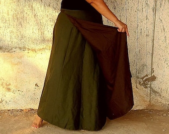 Wrap Skirt Elegant Long Reversible Lavish Full Length, Boho Chic Plus Size Stylish Maxi, BROWN and DARK GREEN Formal Cotton Breathable Skirt