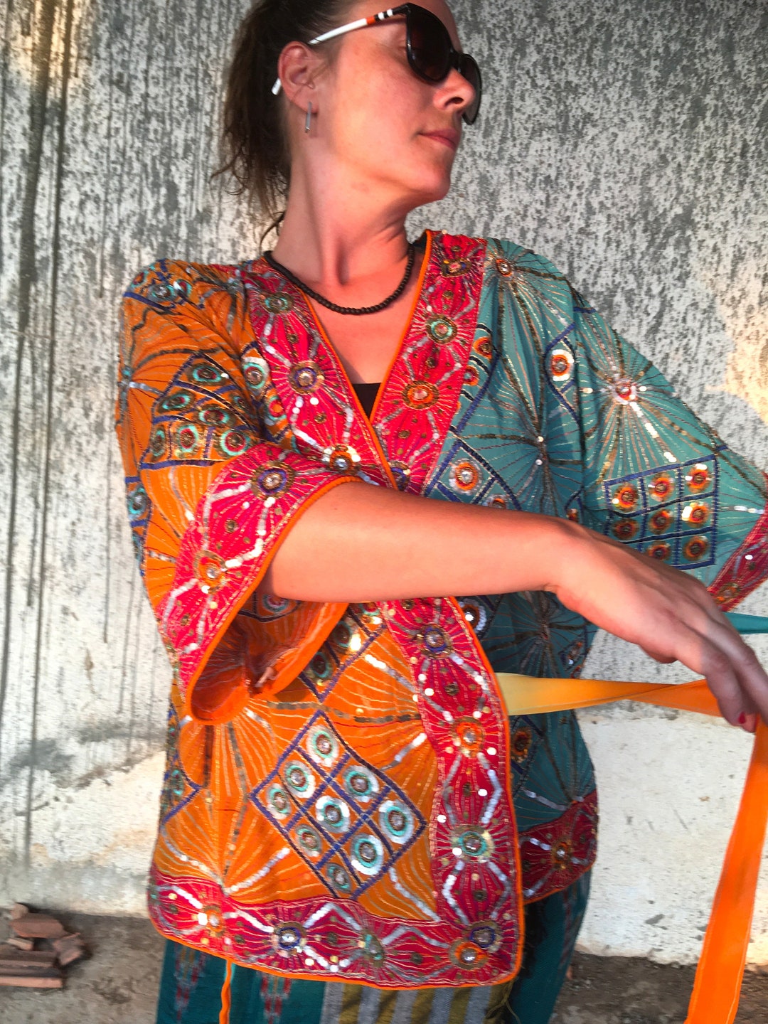 Luxury Silk Saree Wrap Top, Long Sleeve Embellished Blouse, Upcycled Easy Hanger Planter Trailing Fig Plant