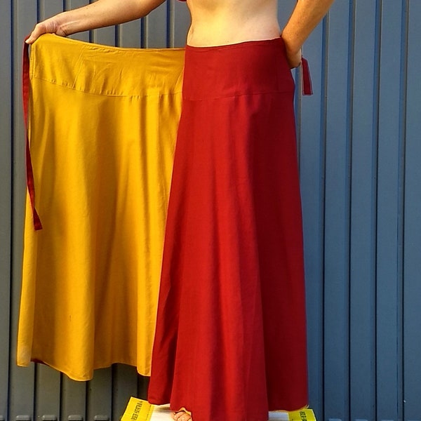 Reversible Colorful Hippie Full Length Maxi Wrap Skirt, Plus Size Breathable Clothing, YELLOW and RED Long Cotton Boho Comfy Chic Look