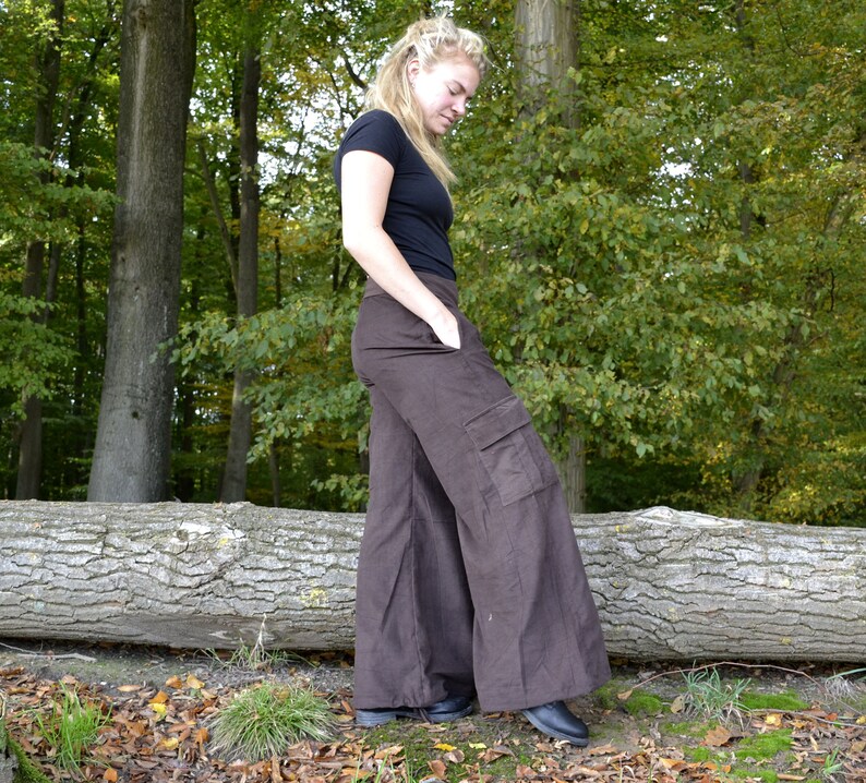 Palazzo Pants Cuff Pants Cargo Pocket DArk Brown Corduroy Pants Boho Wide Leg Pants Drawstrings Harem Cuff Adjustable Comfy Great Fit Pants