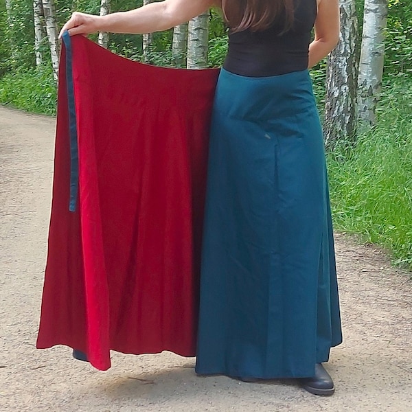 Elegant Effortless Maxi Floor Length Formal Wrap Skirt, Cotton Plus Size Autumn Bohemian Reversible Clothing, Long Hippie Chic GREEN/RED