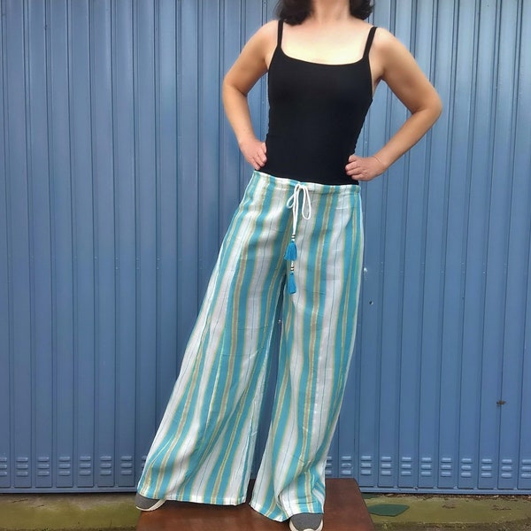 Pants Pajama Long Drawstring Wide Leg Palazzo, Boho Lounge Hippie Flare Festival Outfit, Cool Comfy Cotton Travel Trousers, Lurex Sheer Look