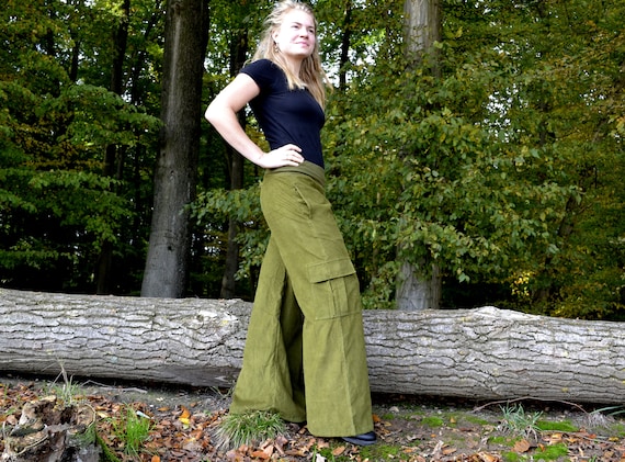 Green Wide Leg Pants, Palazzo Pants Women, Corduroy Pants Women