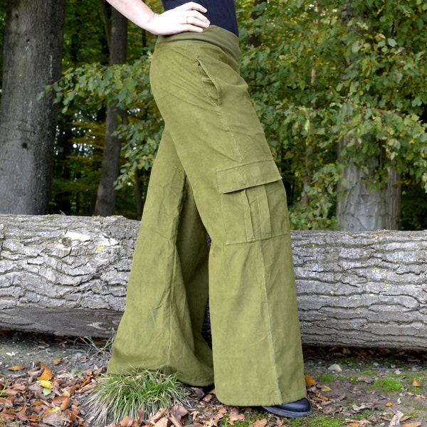 Green Wide Leg Pants, Palazzo Pants Women, Corduroy Pants Women, Flared Bohemian Cord Pants Cuff Trousers, Pocket Cargo Pants ARMY GREEN