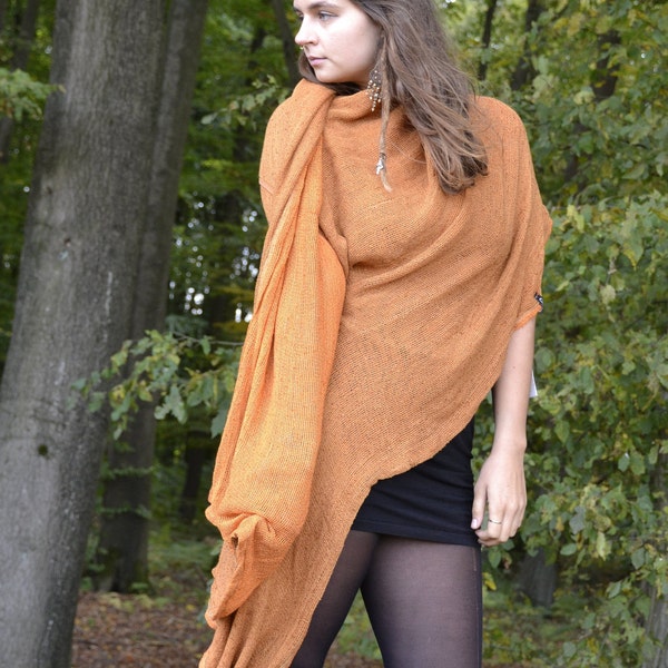 Versatile Reversible Comfy Orange & Dark Orange Wrap Top, Reversible Cotton Net Fall Poncho, Autumn Breathable Boho Hippie Chic Stylish Wear