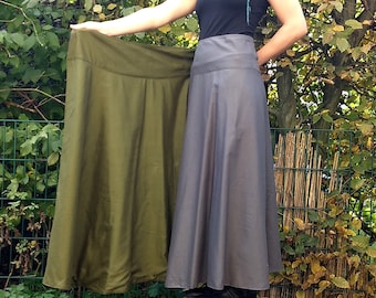Longue jupe portefeuille réversible en coton, pleine longueur pour femmes formelles, vêtements bohèmes décontractés grande taille taille unique, cadeau Circle Fit GRIS et VERT ARMY