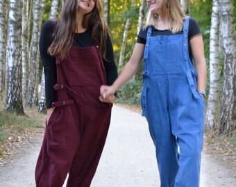 Hippie Overall Thick Corduroy Oversize Women, Plus Size Cord Spring Jumpsuit w/ Pockets, Efforthless Dungarees w/ Adjustable Straps M-XXXL