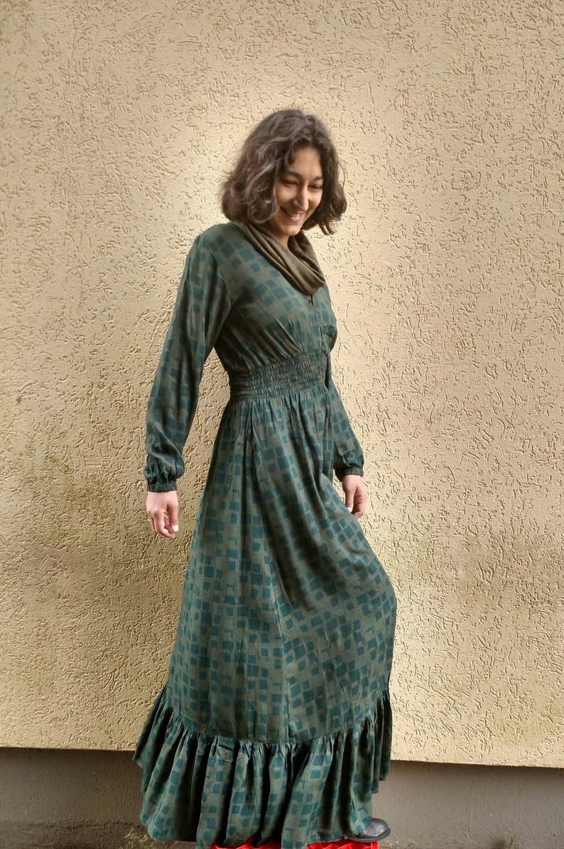 ML XL Bohemian Green Maxi Dress Long Gypsy Cotton Dress Long Boho Cotton Dress Floor Length long Sleeve Fall Army Green Cotton Dress SM