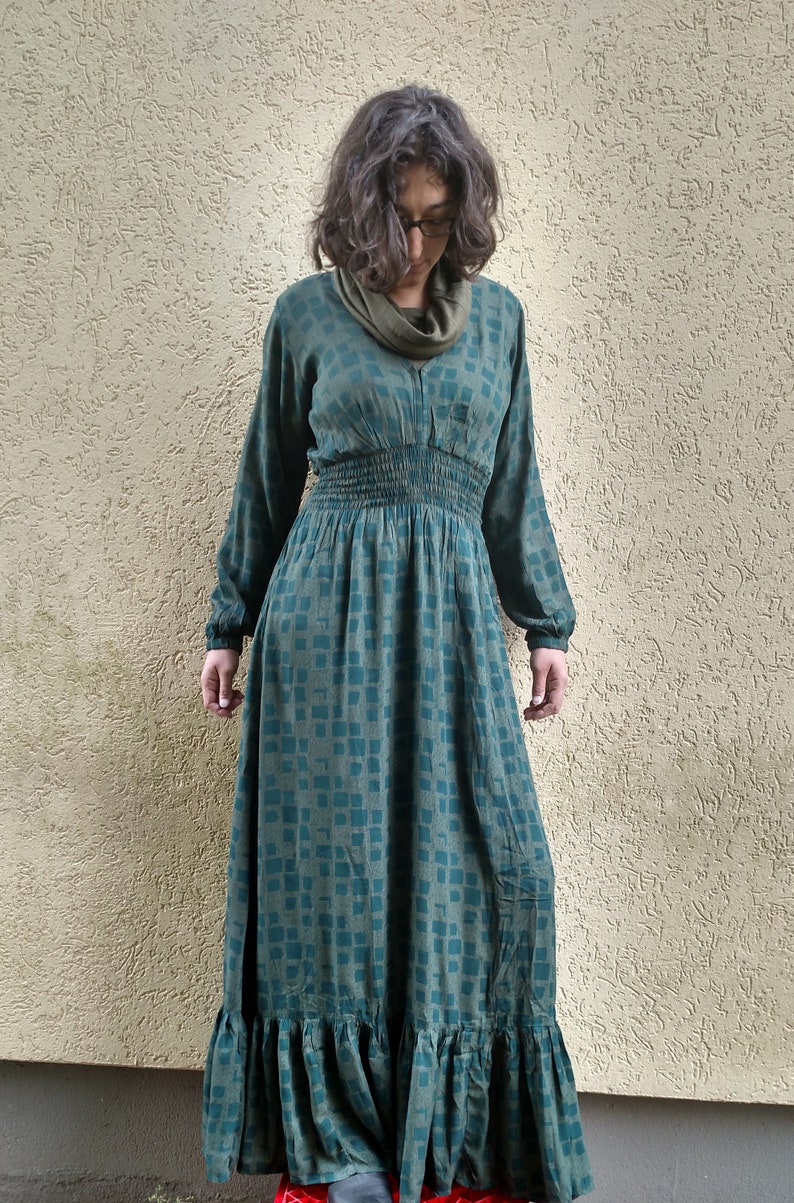 ML XL Bohemian Green Maxi Dress Long Gypsy Cotton Dress Long Boho Cotton Dress Floor Length long Sleeve Fall Army Green Cotton Dress SM