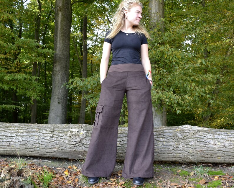 Palazzo Pants Cuff Pants Cargo Pocket DArk Brown Corduroy Pants Boho Wide Leg Pants Drawstrings Harem Cuff Adjustable Comfy Great Fit Pants
