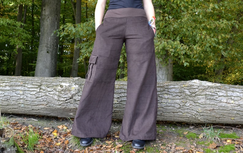 Palazzo Pants Cuff Pants Cargo Pocket DArk Brown Corduroy Pants Boho Wide Leg Pants Drawstrings Harem Cuff Adjustable Comfy Great Fit Pants