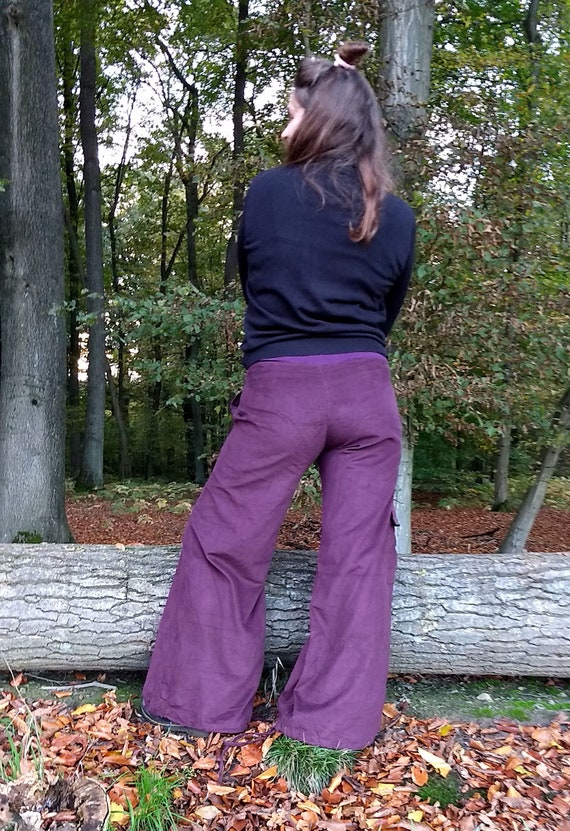 Purple Corduroy Long Boho Flare Pants, Bohemian Comfy Wide Leg