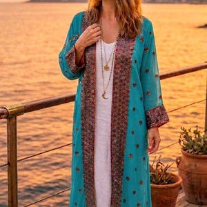 Kimono Handmade Sequin Beaded Silk  Duster, Silk Saree, Sequin Beaded Duster Coat, Embroidered Bohemian Robe, S-XL
