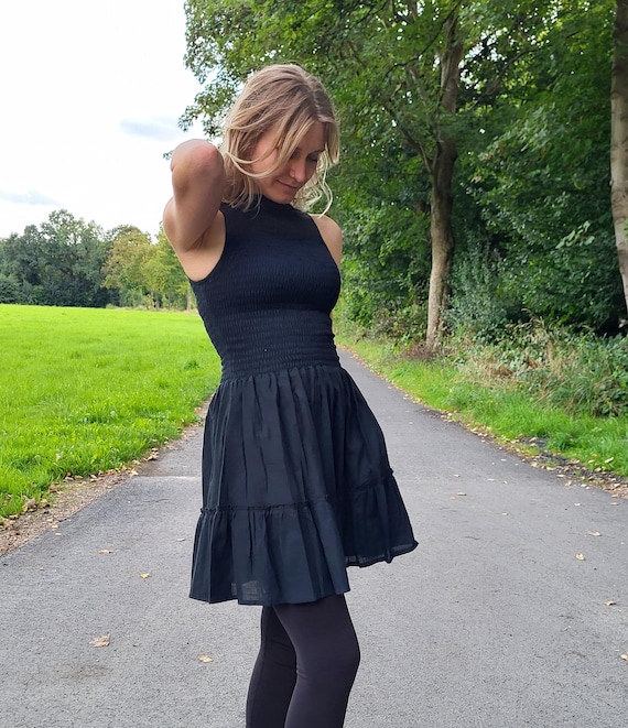 Little Black Dress, Flowy Soft 100% Cotton Pocket, Hippie Beach Fun Party,  Sassy Mini Sexy Effortless Bobbin Elastic Top Tunic Gown EU 38-46