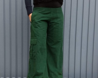 Green Wide Leg Long Loose Corduroy Easy PAnts, Boho Lounge Palazzo Cord Pocket Pants Women XS, S/M, M/L, L/XL  Corduroy Trousers Lounge Wear