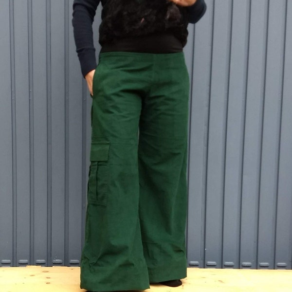 Green Wide Leg Long Loose Corduroy Easy PAnts, Boho Lounge Palazzo Cord Pocket Pants Women XS, S/M, M/L, L/XL  Corduroy Trousers Lounge Wear