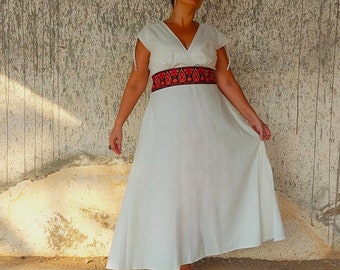 Pocket Dress Long Flowy Bohemian Soft Cotton Embroidery, Hippie Chic Beach Wedding Party, Adjustable Cap Sleeve & Waist Maxi Gown EU 38-46