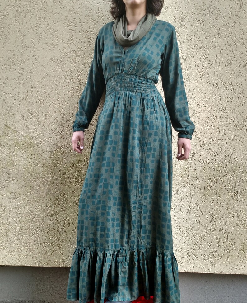 ML XL Bohemian Green Maxi Dress Long Gypsy Cotton Dress Long Boho Cotton Dress Floor Length long Sleeve Fall Army Green Cotton Dress SM