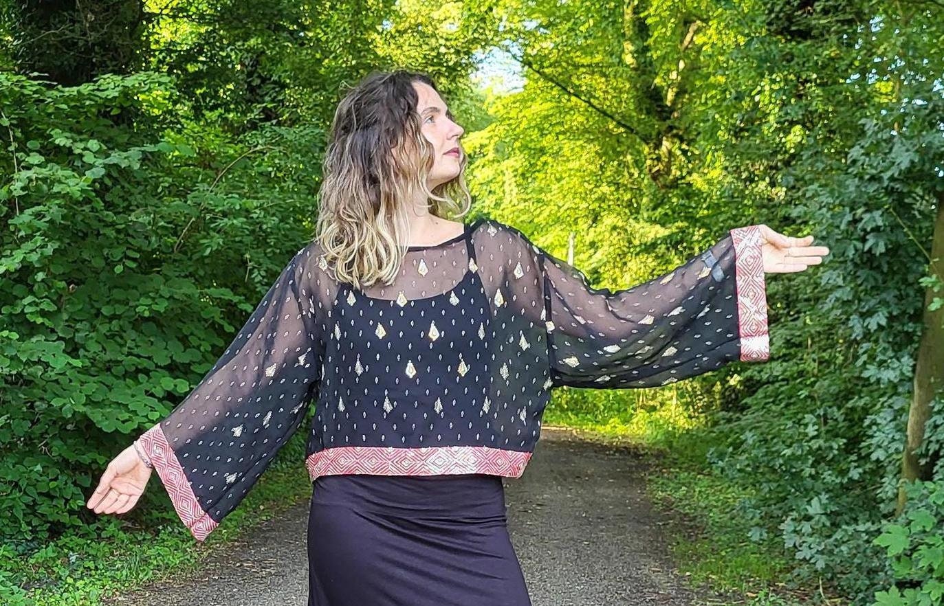 Silk Sari Top, Loose Long Sleeve Bohemian, Short Sheer Saree Embellished, Summer Wedding Guest Fancy, Cool See Through Birthday Gift Blouse