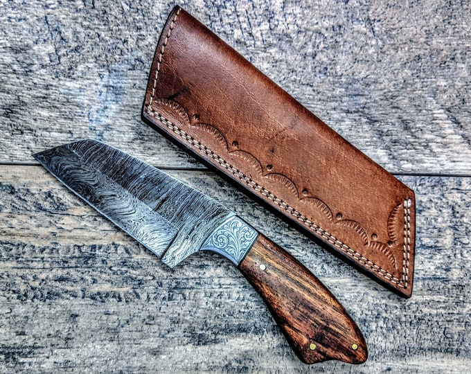 HTSE-16 / Damascus Skinner / HAND ENGRAVED Bolster / Exceptional Art / Hometown Knives / Metal Engraving
