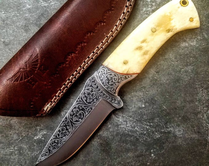 HTS-704 Knife/ Skinner / HAND ENGRAVED /  Hunting / Camping / Hand Made / Custom / Bone Handle / 440C / High Hardness
